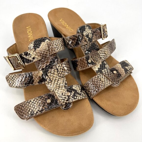 Vionic Radia Triple Strap‎ Wedge Slide Sandals Snakeskin Snake Size 9 - Picture 1 of 11